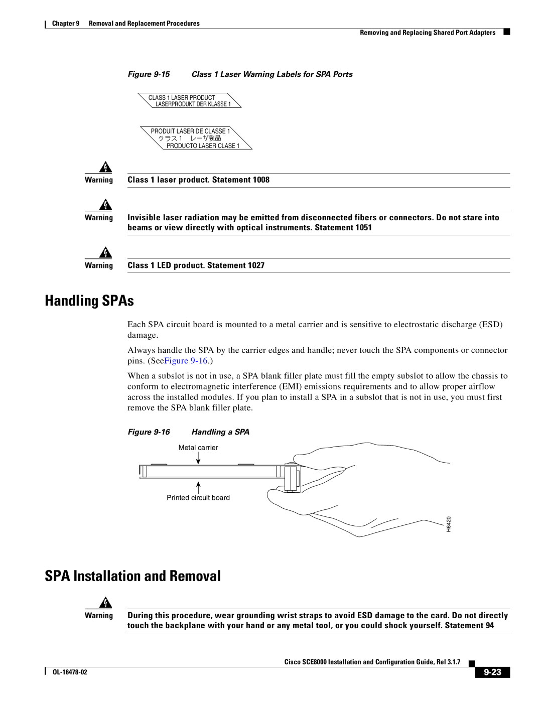 Cisco Systems SCE8000 manual Handling SPAs, SPA Installation and Removal 