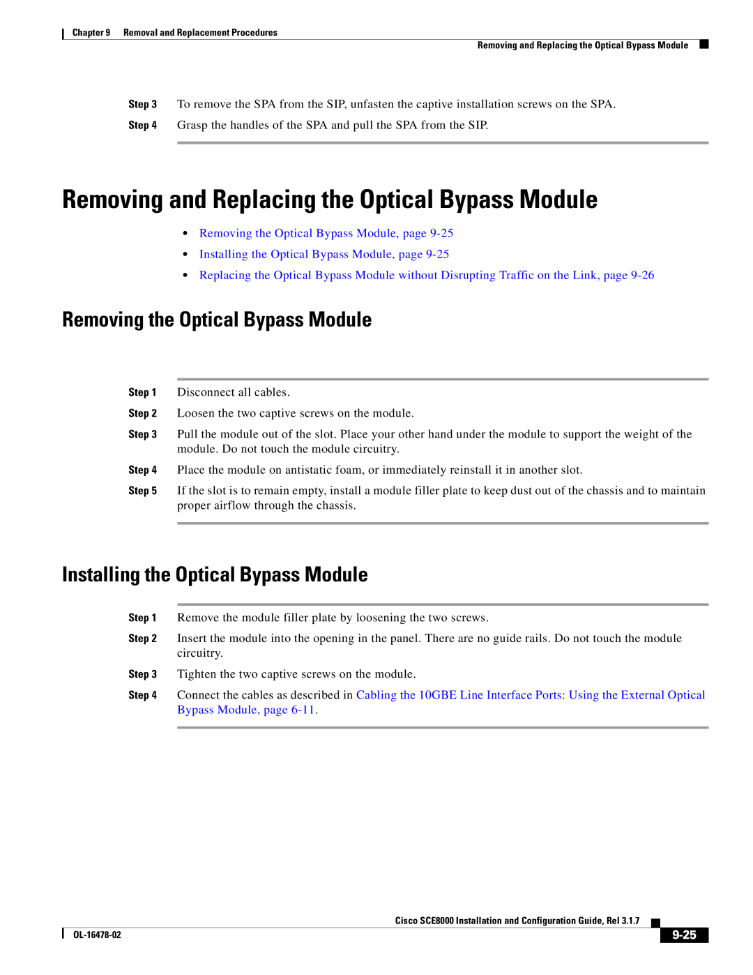 Cisco Systems SCE8000 manual Removing and Replacing the Optical Bypass Module, Removing the Optical Bypass Module 