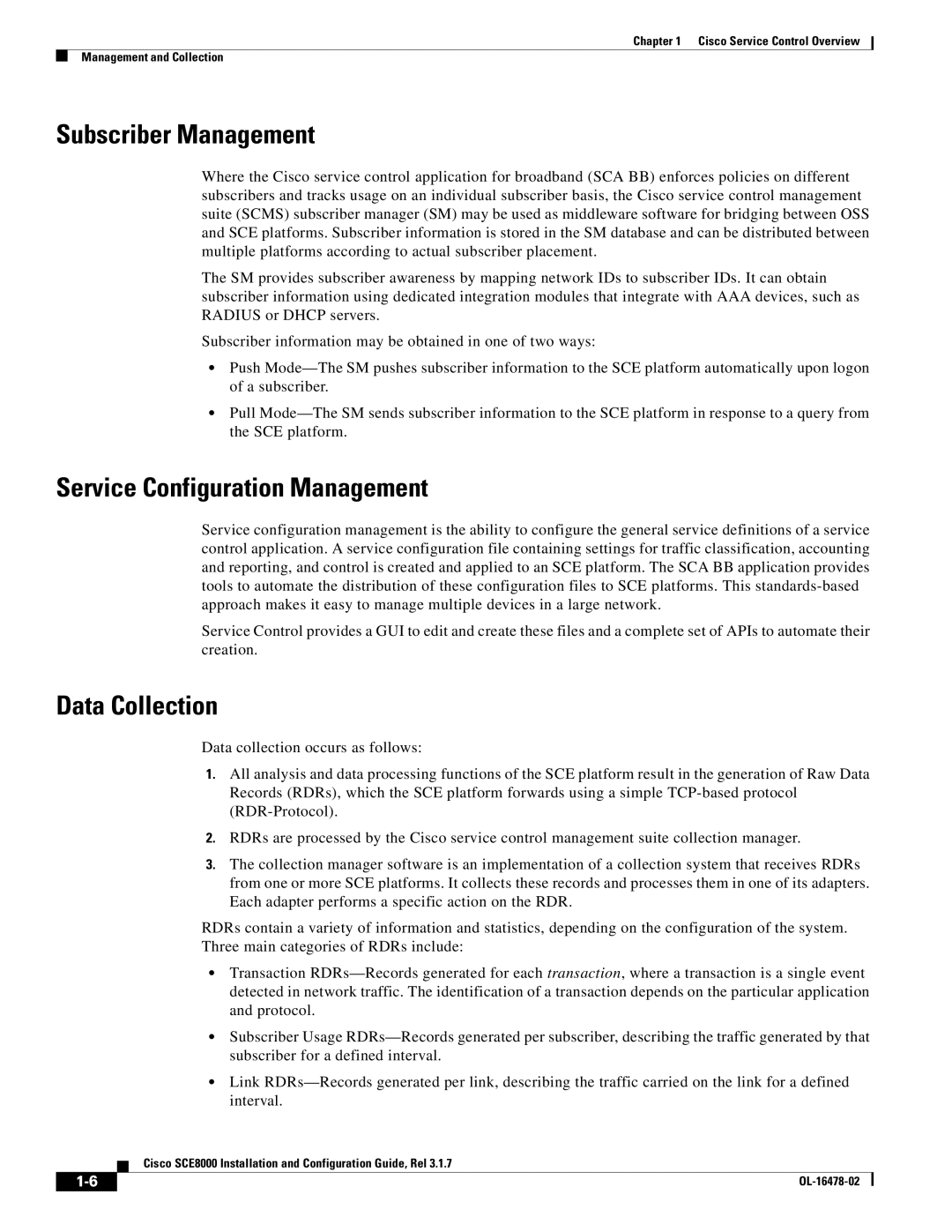 Cisco Systems SCE8000 manual Subscriber Management, Service Configuration Management, Data Collection 