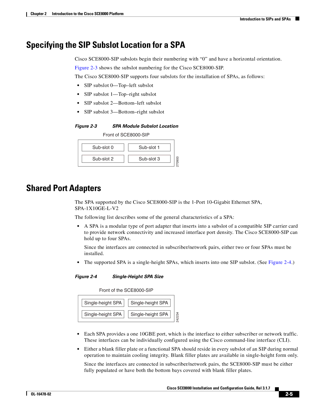 Cisco Systems SCE8000 manual Specifying the SIP Subslot Location for a SPA, Shared Port Adapters 