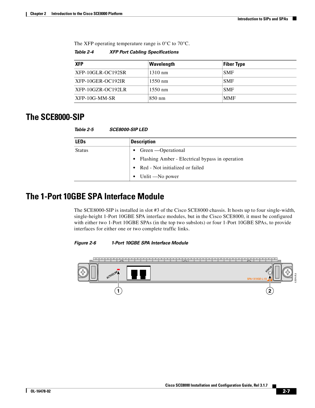 Cisco Systems manual SCE8000-SIP, Port 10GBE SPA Interface Module, Wavelength Fiber Type, LEDs 