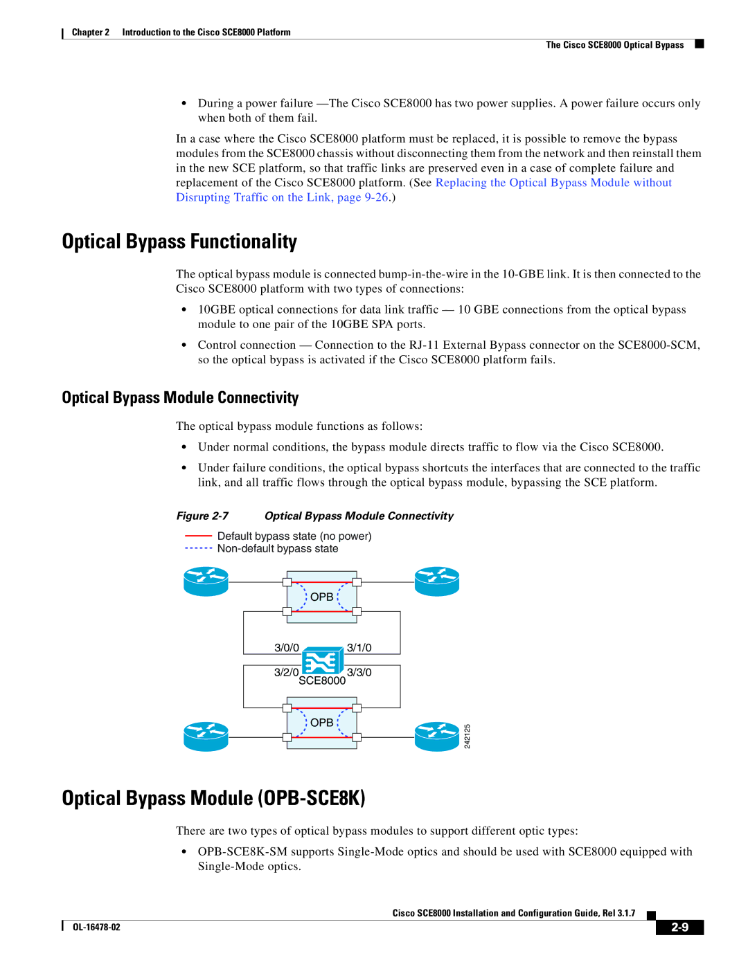 Cisco Systems SCE8000 Optical Bypass Functionality, Optical Bypass Module OPB-SCE8K, Optical Bypass Module Connectivity 