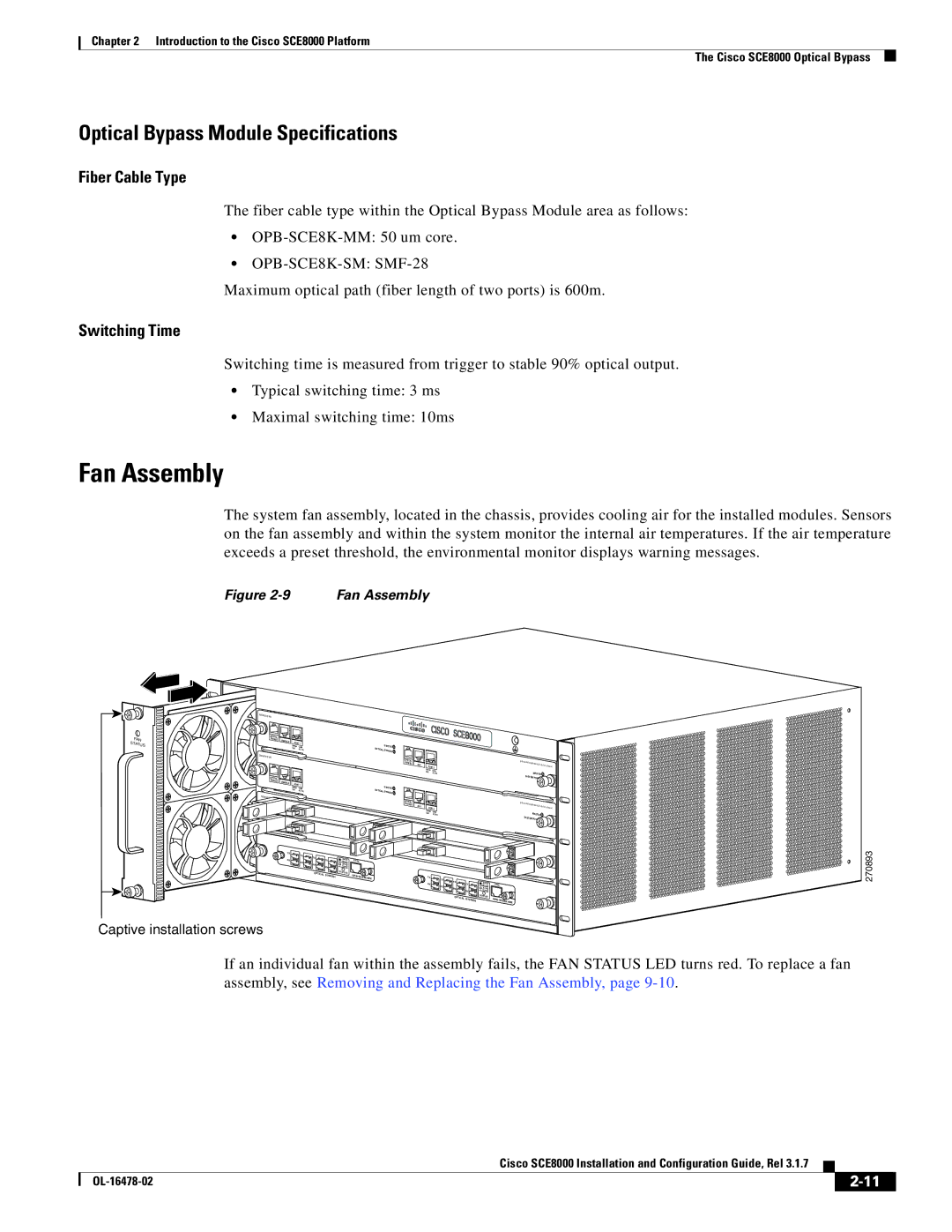 Cisco Systems SCE8000 manual Fan Assembly, Optical Bypass Module Specifications 