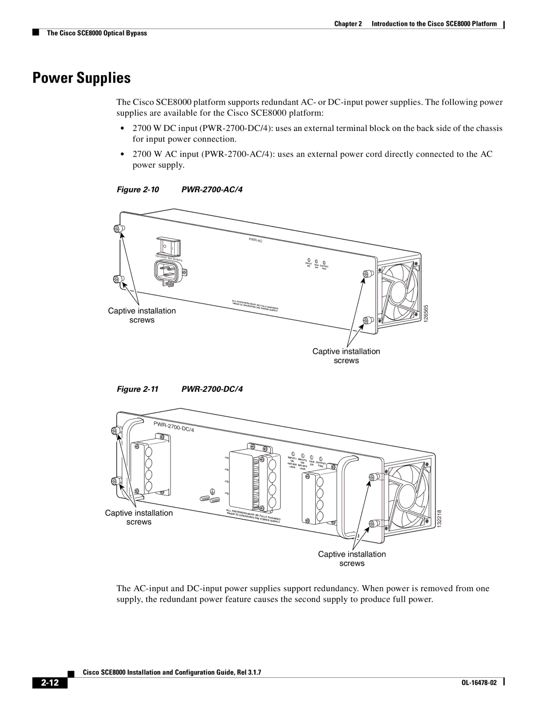 Cisco Systems SCE8000 manual Power Supplies, Captive installation Screws 