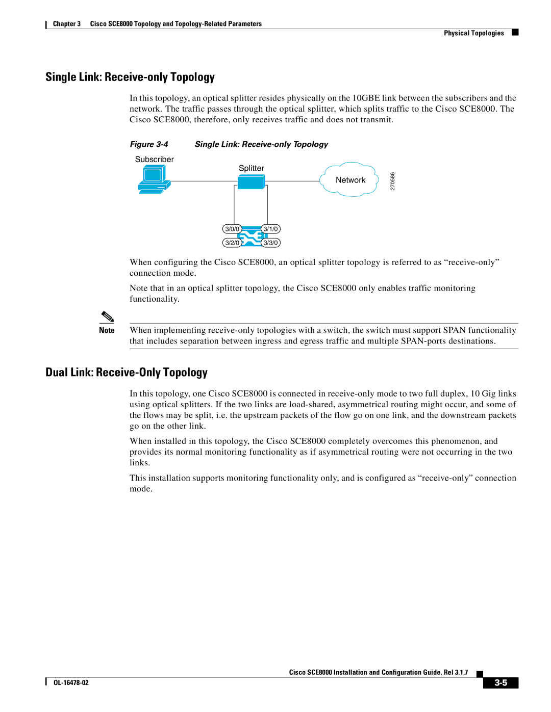 Cisco Systems SCE8000 manual Single Link Receive-only Topology, Dual Link Receive-Only Topology 