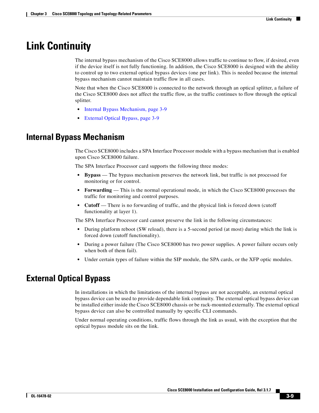 Cisco Systems SCE8000 manual Link Continuity, Internal Bypass Mechanism, External Optical Bypass 