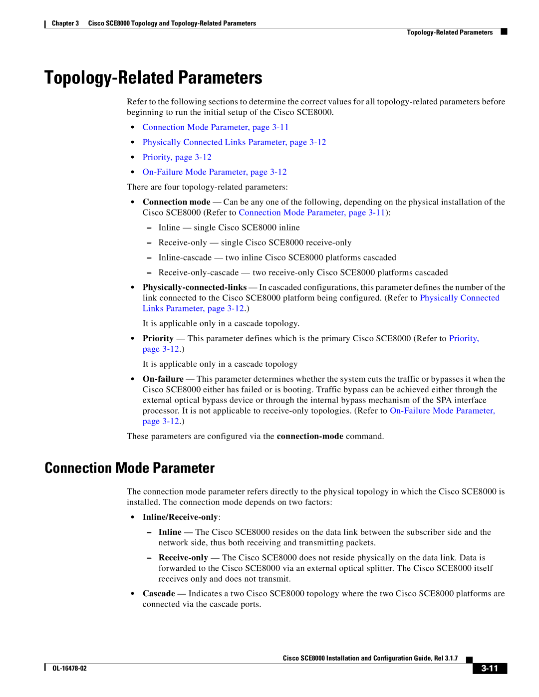 Cisco Systems SCE8000 manual Topology-Related Parameters, Connection Mode Parameter, Inline/Receive-only 