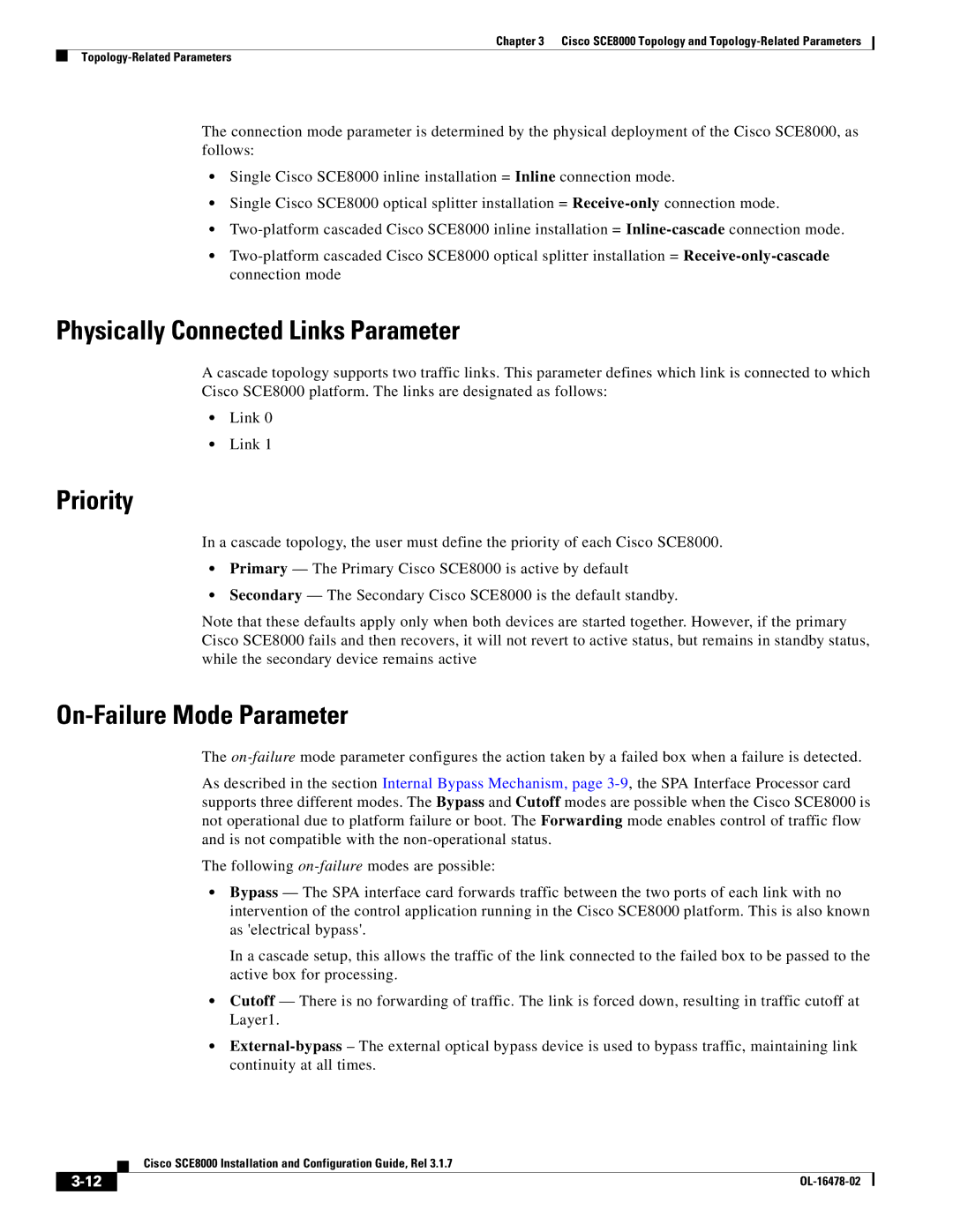 Cisco Systems SCE8000 manual Physically Connected Links Parameter, Priority, On-Failure Mode Parameter 