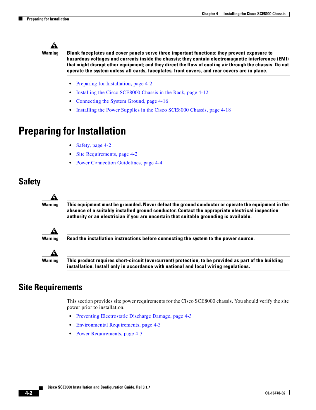 Cisco Systems SCE8000 manual Preparing for Installation, Safety Site Requirements 