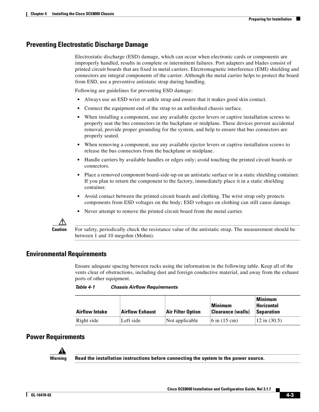 Cisco Systems SCE8000 Preventing Electrostatic Discharge Damage, Environmental Requirements, Power Requirements, Minimum 