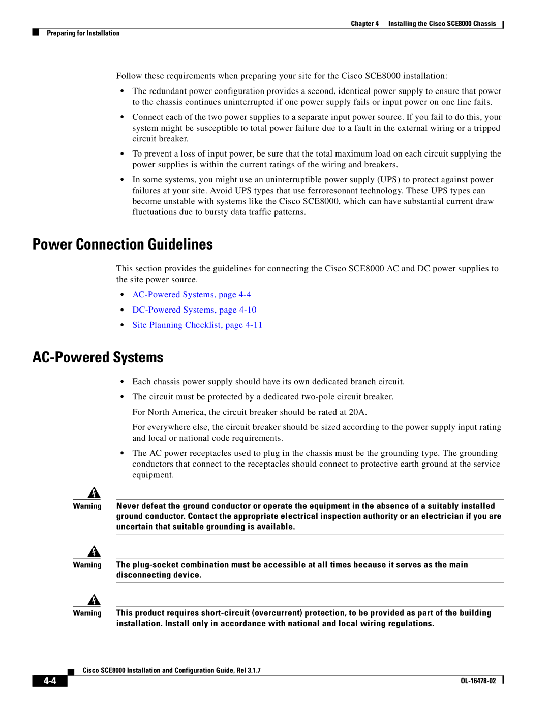 Cisco Systems SCE8000 manual Power Connection Guidelines, AC-Powered Systems 