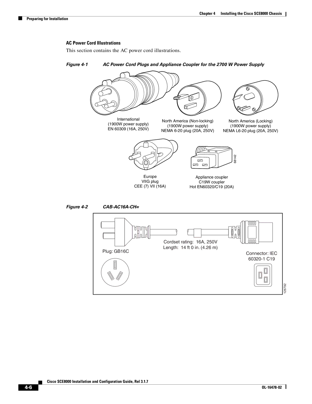 Cisco Systems SCE8000 manual AC Power Cord Illustrations, This section contains the AC power cord illustrations 