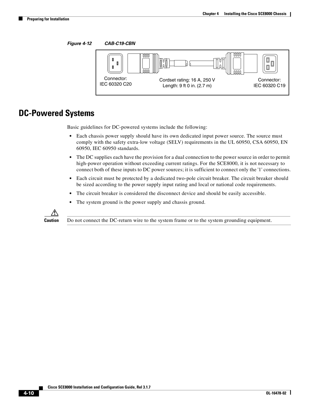 Cisco Systems SCE8000 manual DC-Powered Systems, CAB-C19-CBN 