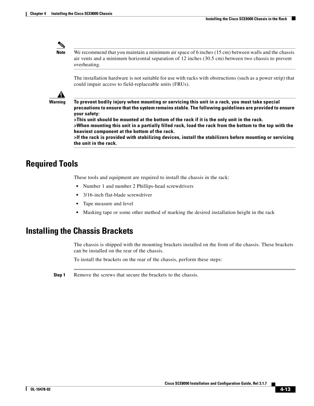 Cisco Systems SCE8000 manual Required Tools, Installing the Chassis Brackets 