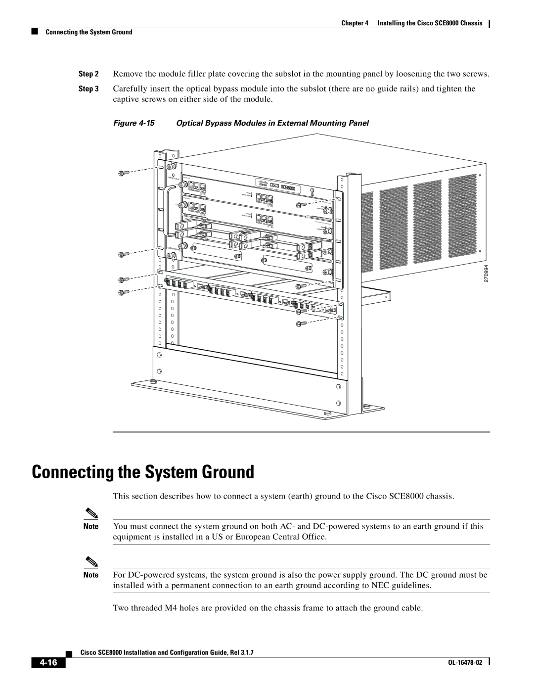 Cisco Systems SCE8000 manual Connecting the System Ground, Optical Bypass Modules in External Mounting Panel 