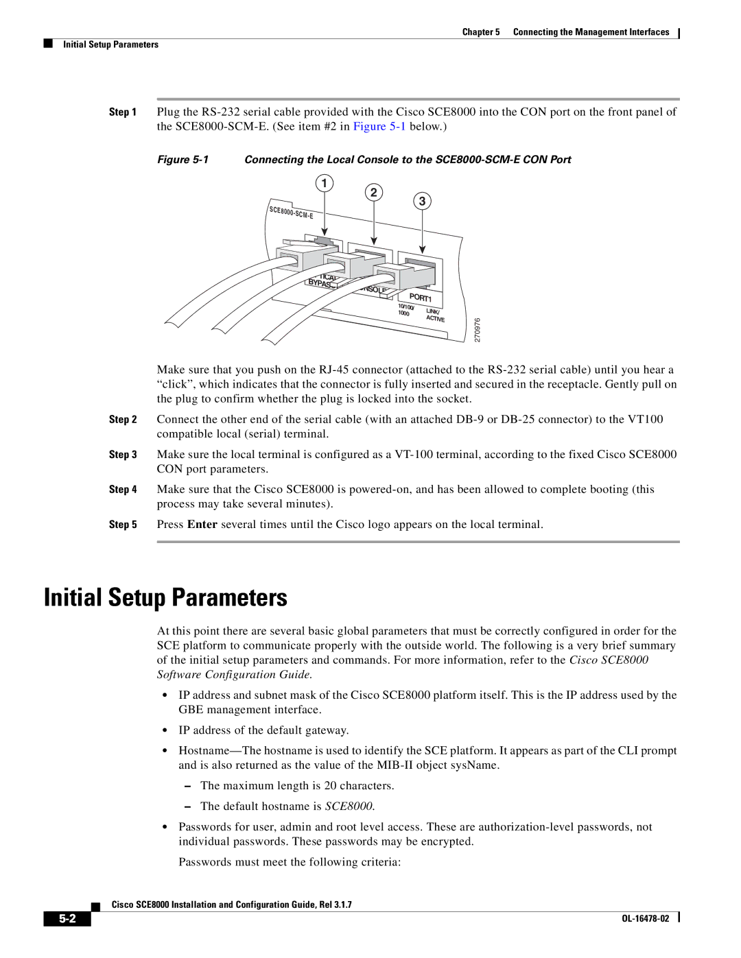 Cisco Systems manual Initial Setup Parameters, Connecting the Local Console to the SCE8000-SCM-E CON Port 