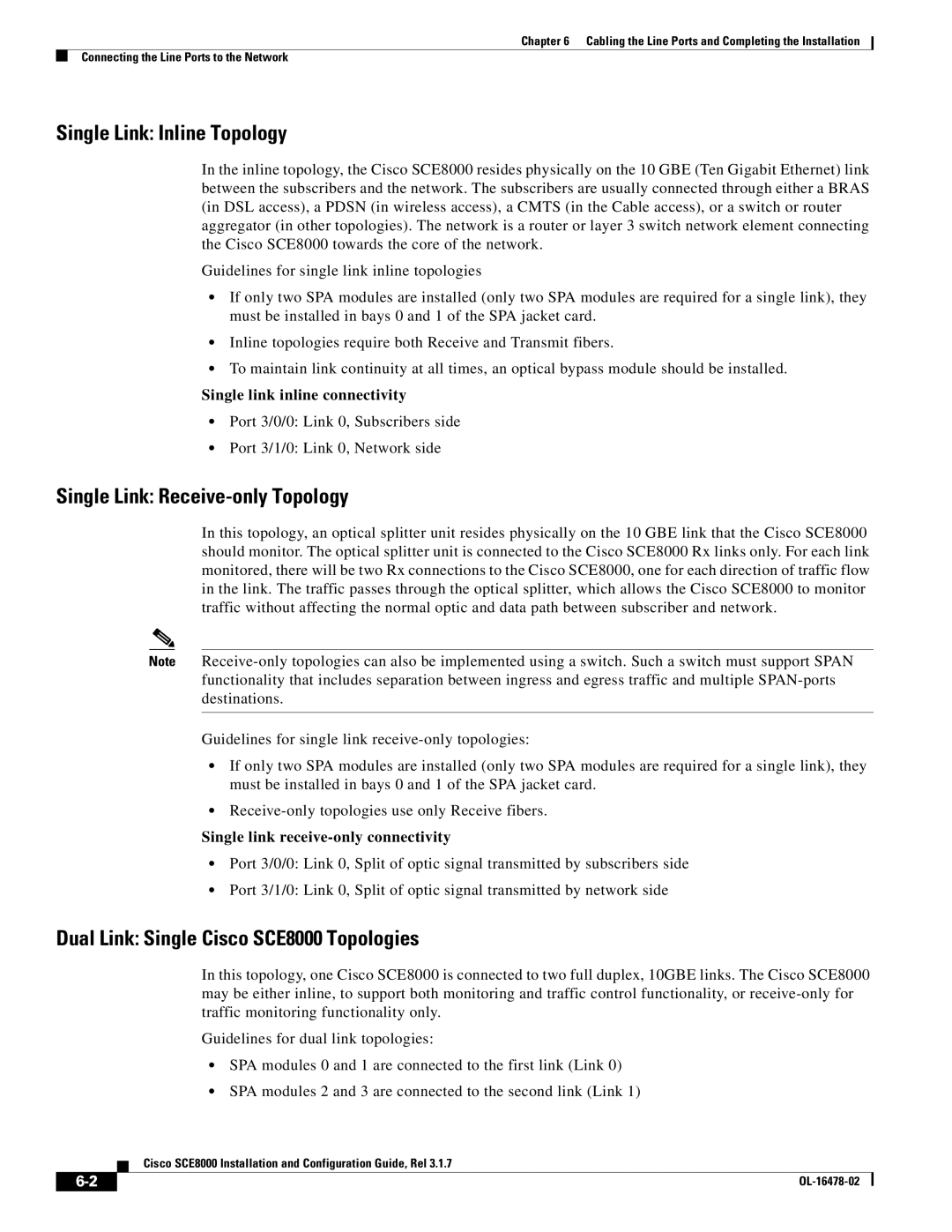 Cisco Systems manual Dual Link Single Cisco SCE8000 Topologies, Single link inline connectivity 