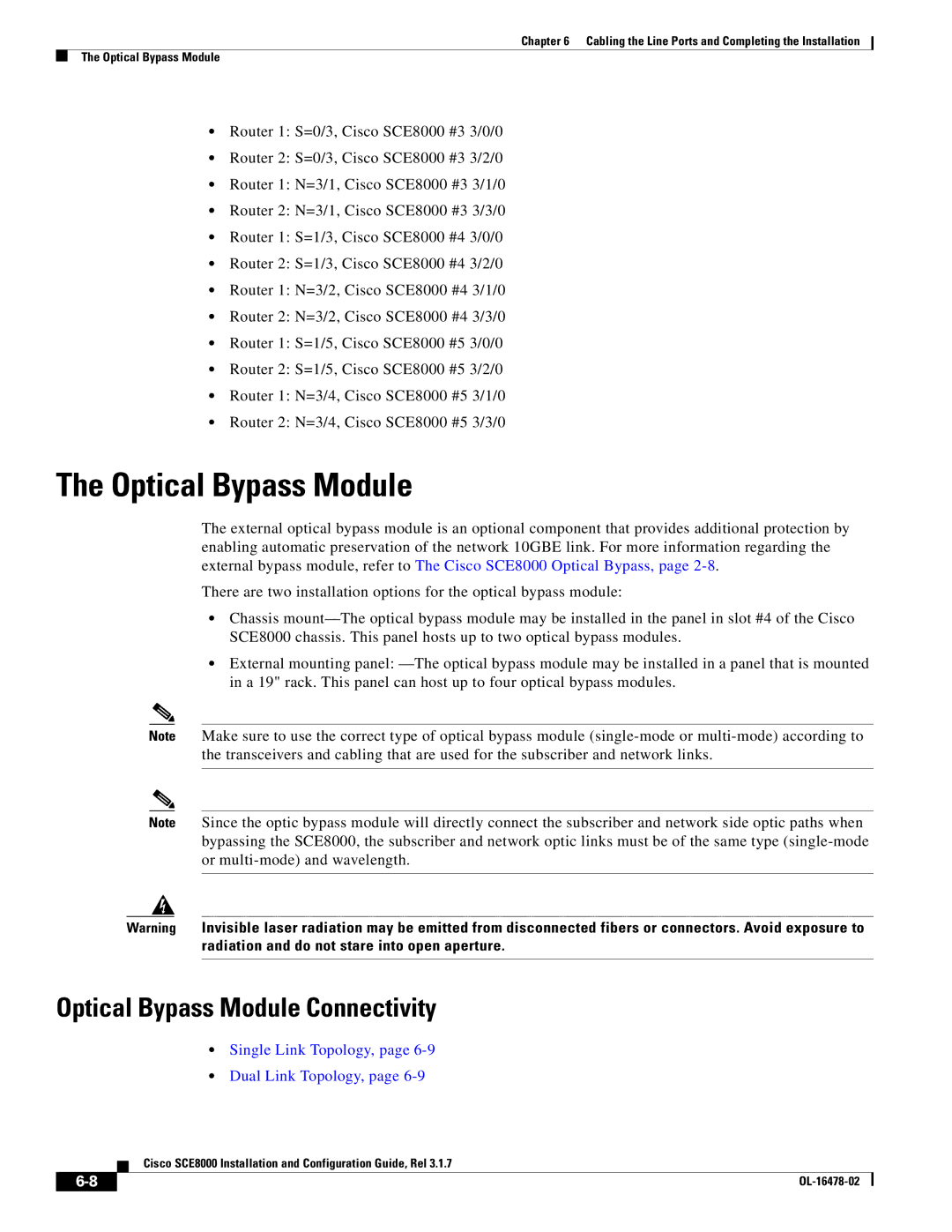 Cisco Systems SCE8000 manual Optical Bypass Module Connectivity 