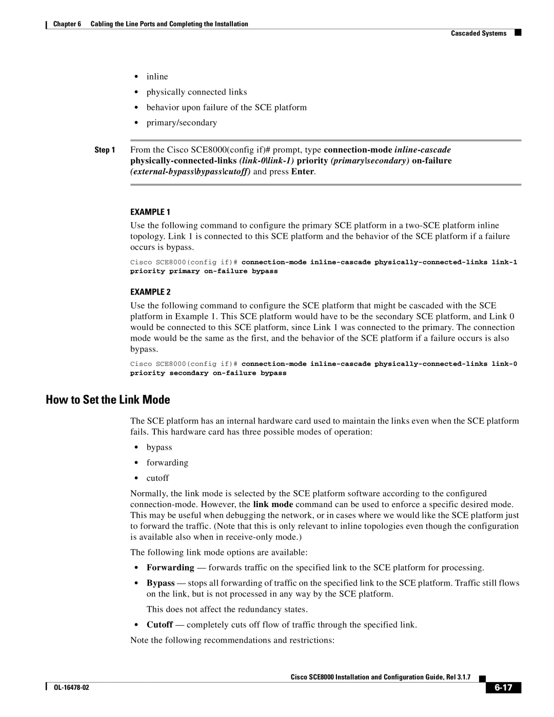 Cisco Systems SCE8000 manual How to Set the Link Mode, Example 