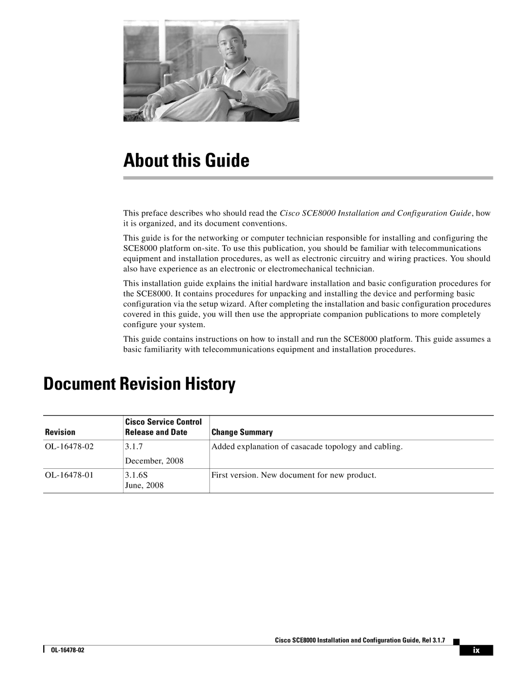 Cisco Systems SCE8000 manual Document Revision History, Revision Release and Date Change Summary 