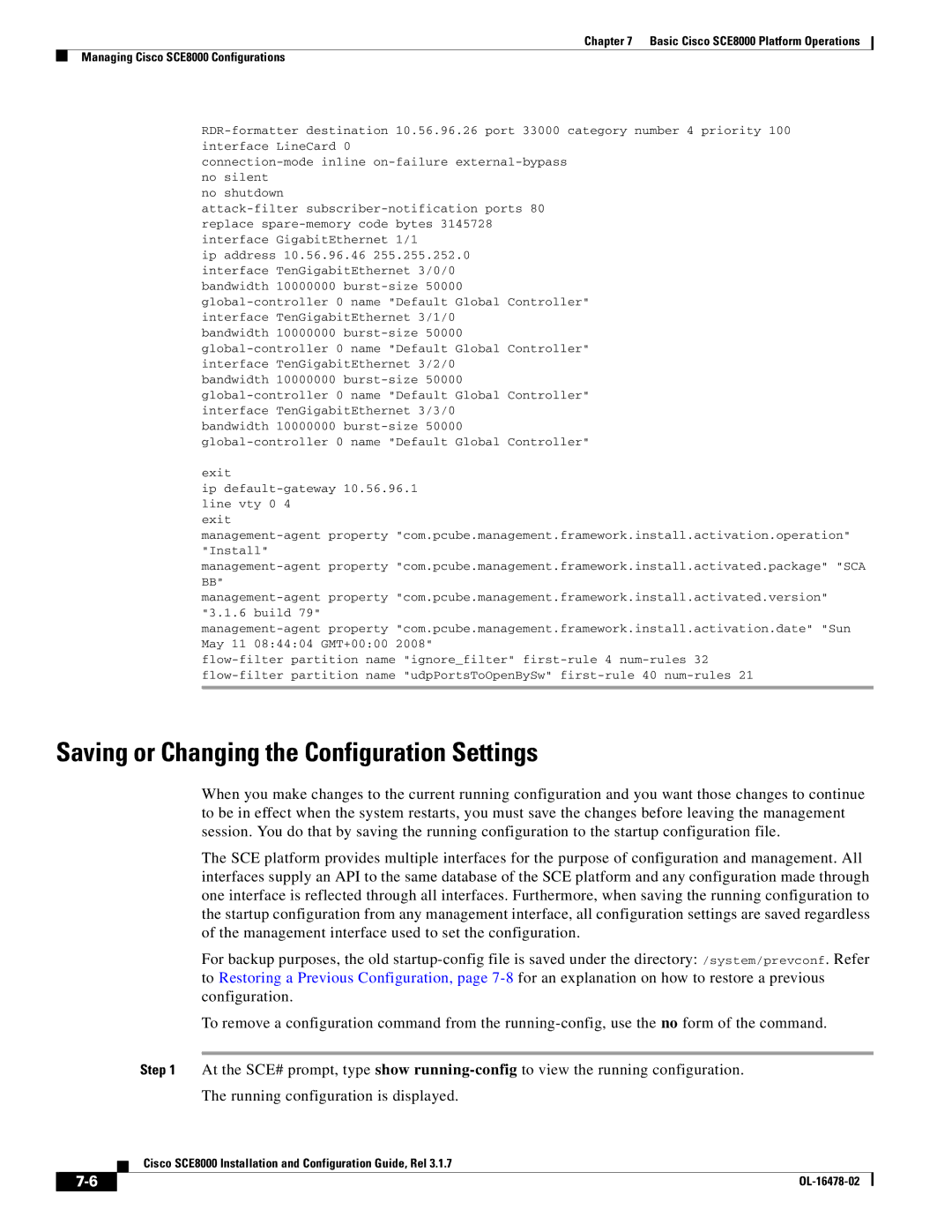 Cisco Systems SCE8000 manual Saving or Changing the Configuration Settings 