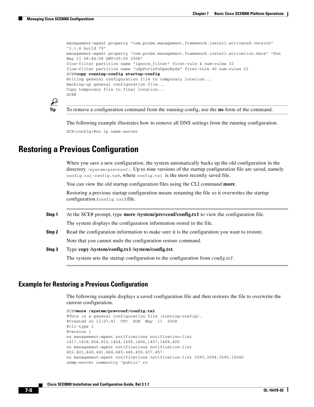 Cisco Systems SCE8000 Example for Restoring a Previous Configuration, Type copy /system/config.tx1 /system/config.txt 