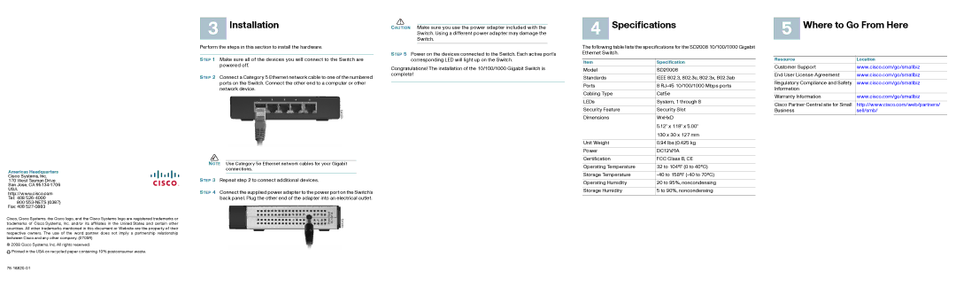 Cisco Systems SD2008 quick start Installation, Specifications, Where to Go From Here 