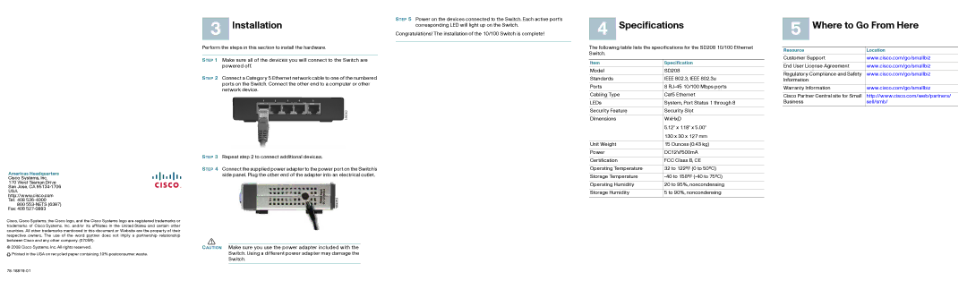 Cisco Systems SD208 quick start Installation, Specifications, Where to Go From Here 