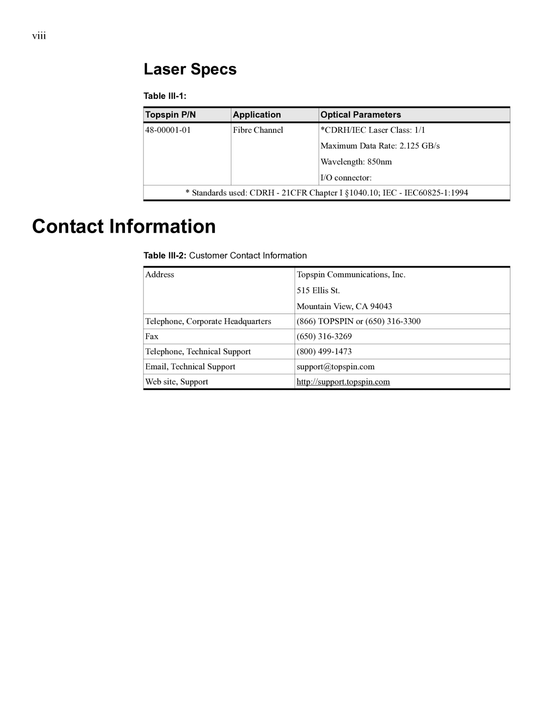 Cisco Systems SFS 3001 quick start Contact Information, Laser Specs 