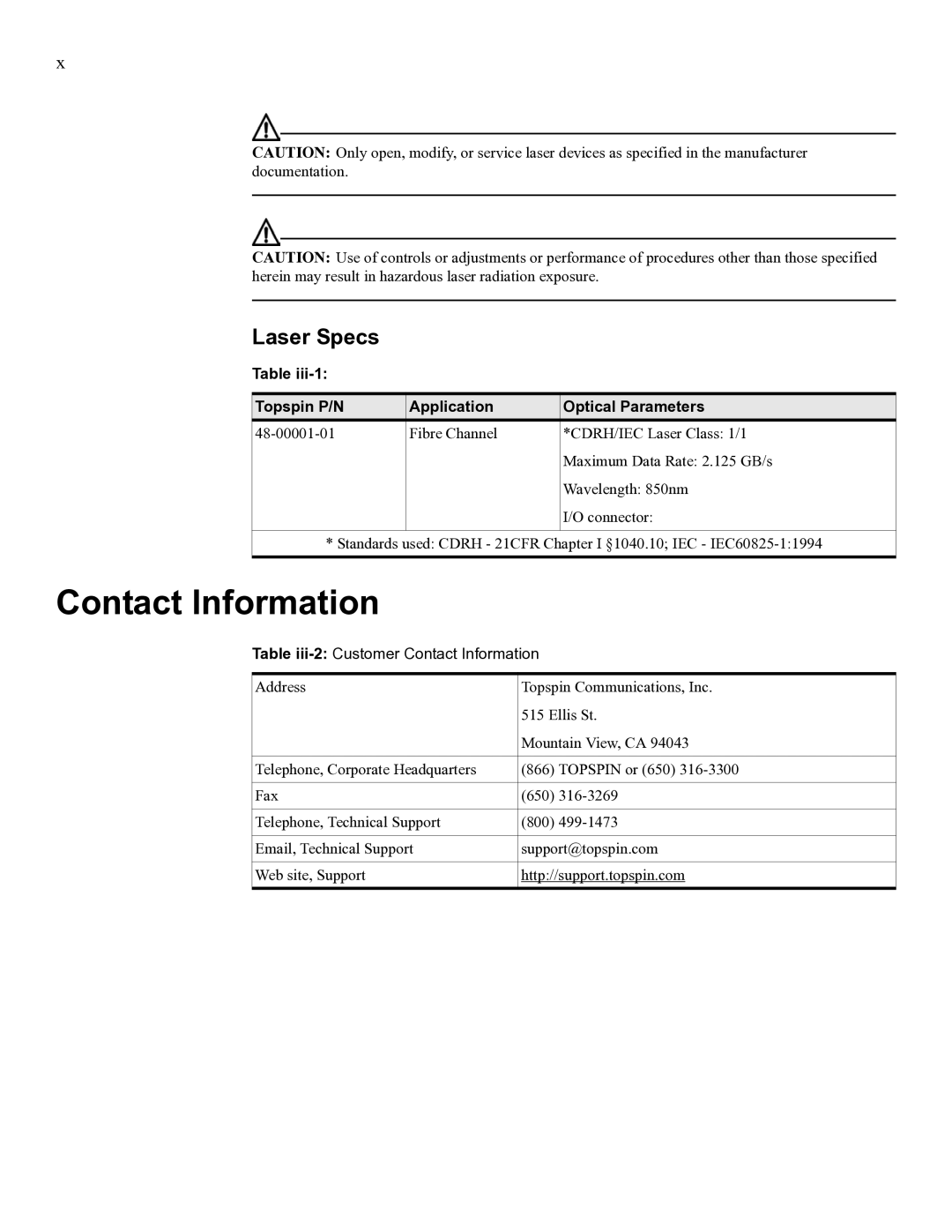 Cisco Systems SFS 3012 manual Contact Information, Laser Specs 