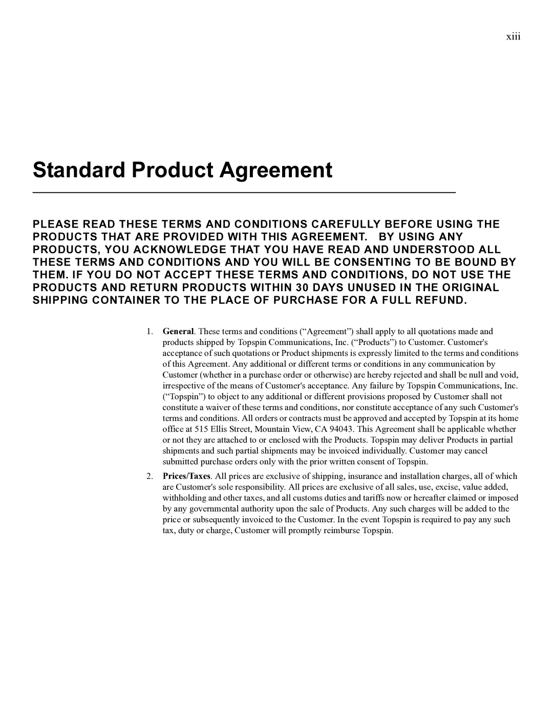 Cisco Systems SFS 3012 manual Standard Product Agreement 