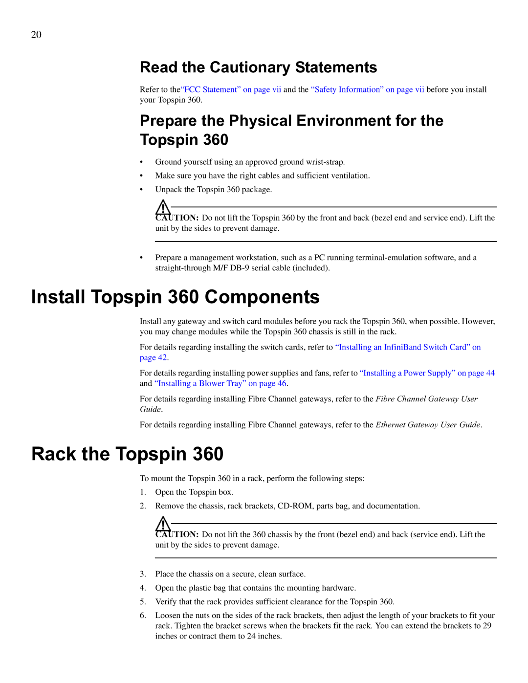 Cisco Systems SFS 3012 manual Install Topspin 360 Components, Rack the Topspin, Read the Cautionary Statements 