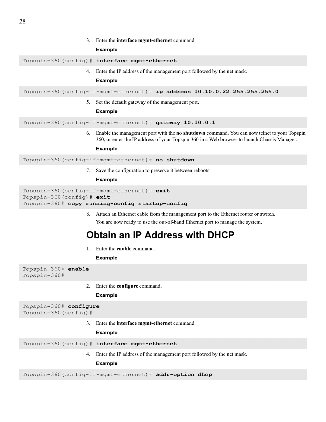 Cisco Systems SFS 3012 manual Obtain an IP Address with Dhcp, Enter the interface mgmt-ethernet command 