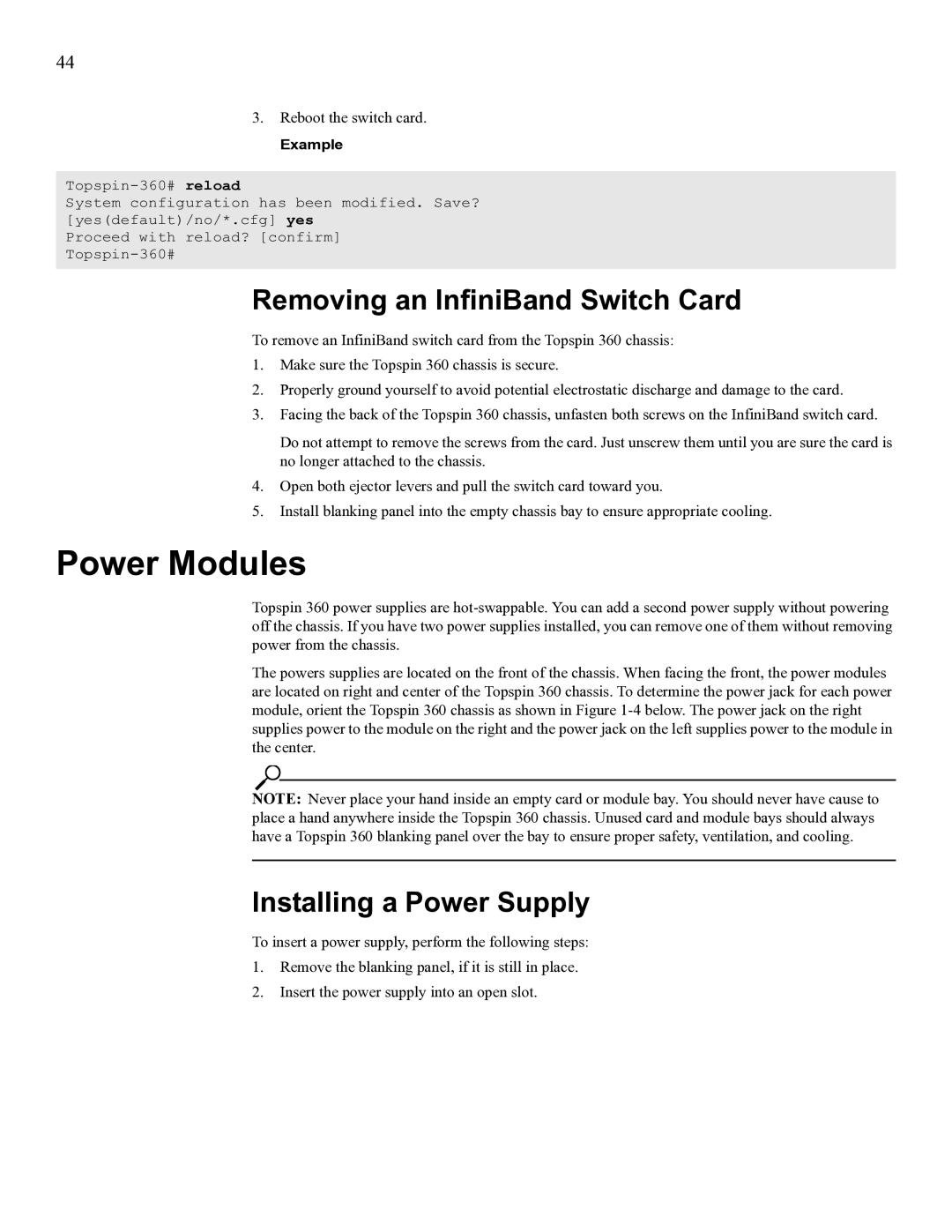 Cisco Systems SFS 3012 manual Power Modules, Removing an InfiniBand Switch Card, Installing a Power Supply 