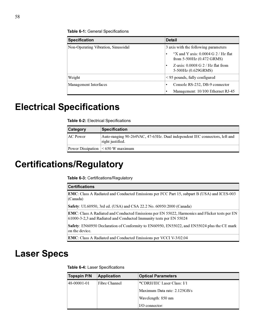 Cisco Systems SFS 3012 manual Electrical Specifications, Certifications/Regulatory, Laser Specs 