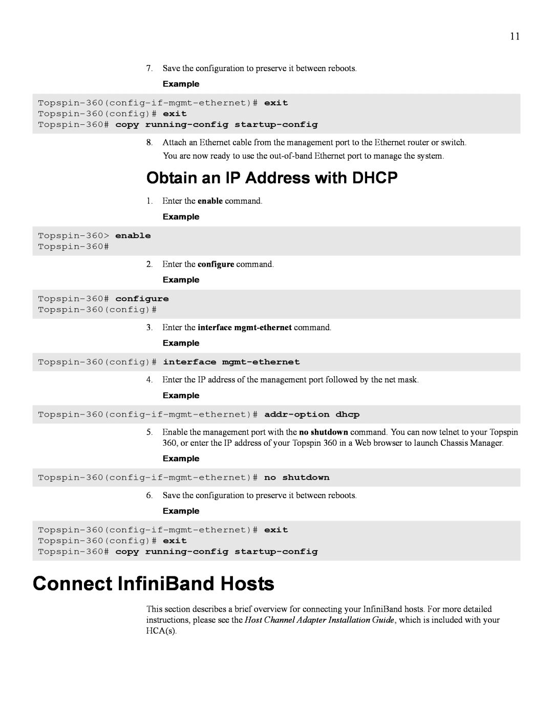 Cisco Systems SFS 3012 Connect InfiniBand Hosts, Obtain an IP Address with DHCP, Enter the interface mgmt-ethernet command 