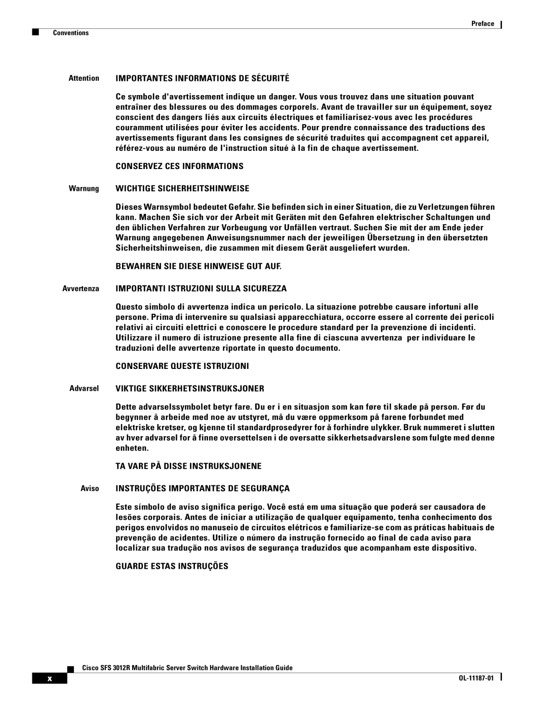 Cisco Systems SFS 3012R manual Warnung Wichtige Sicherheitshinweise, Avvertenza Importanti Istruzioni Sulla Sicurezza 