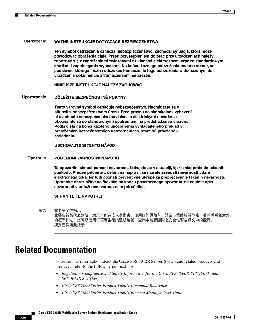 Cisco Systems SFS 3012R manual Related Documentation, Xiv 