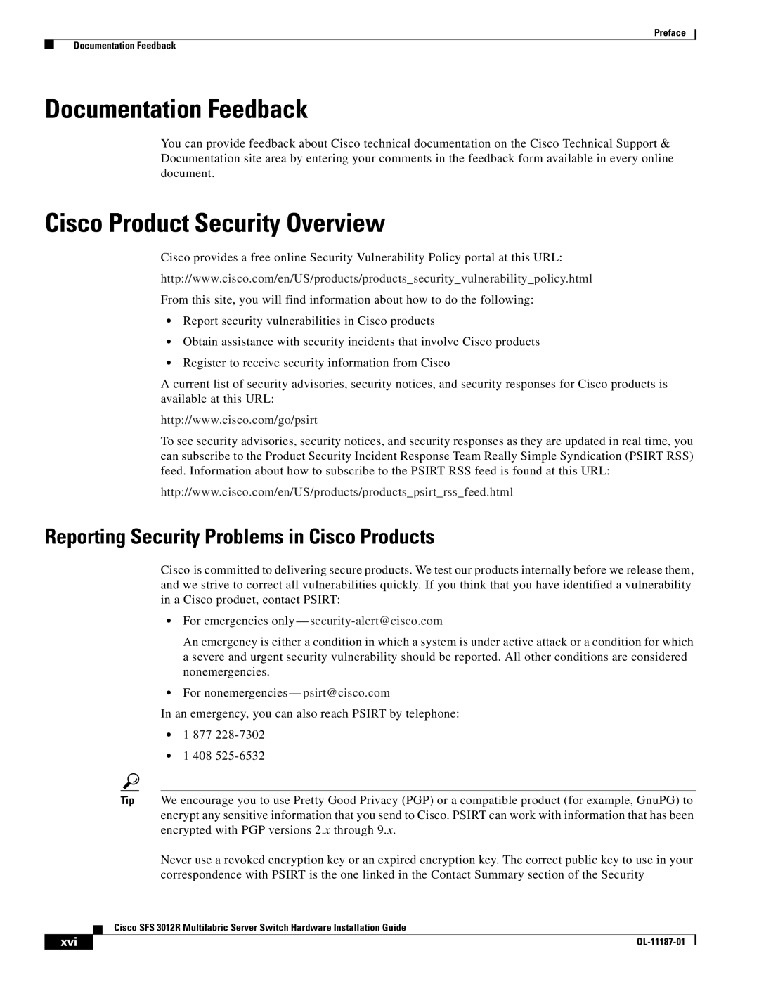 Cisco Systems SFS 3012R manual Documentation Feedback, Cisco Product Security Overview 