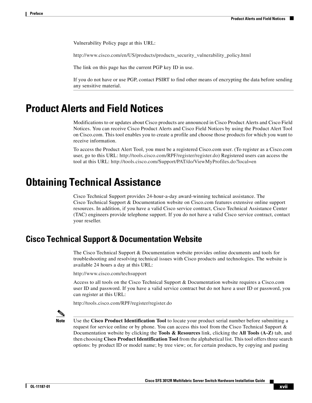 Cisco Systems SFS 3012R manual Product Alerts and Field Notices, Obtaining Technical Assistance 