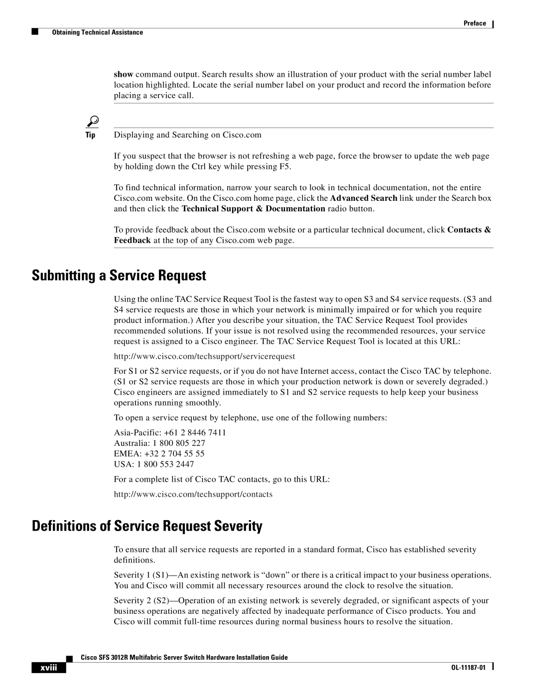 Cisco Systems SFS 3012R manual Submitting a Service Request, Definitions of Service Request Severity 