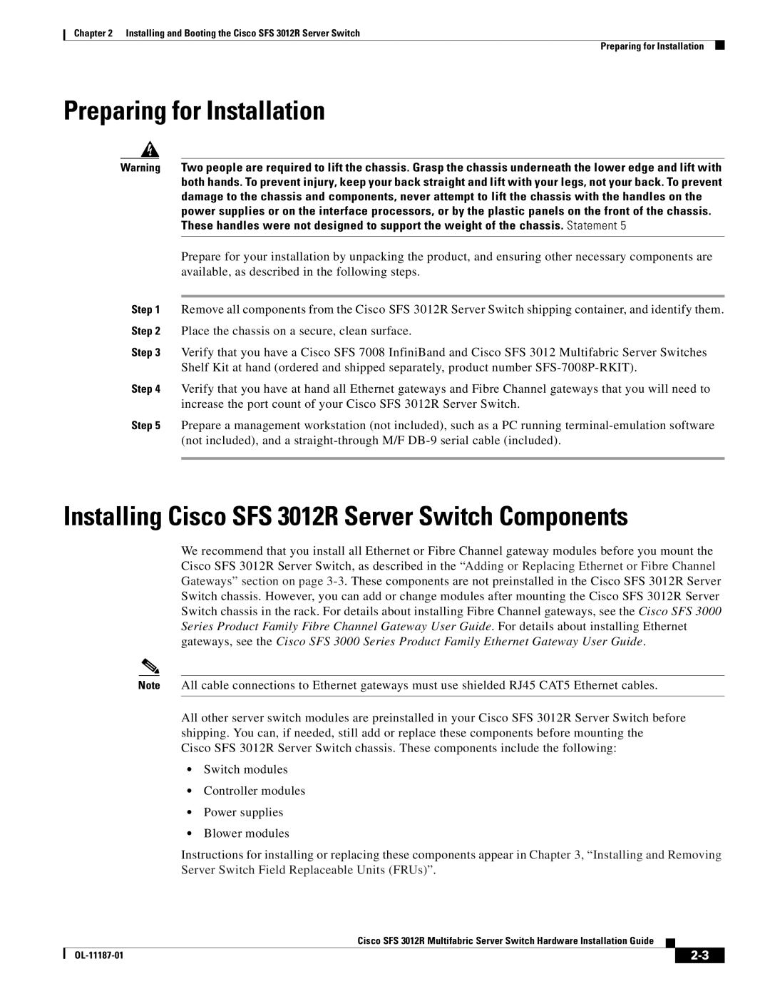 Cisco Systems manual Preparing for Installation, Installing Cisco SFS 3012R Server Switch Components 