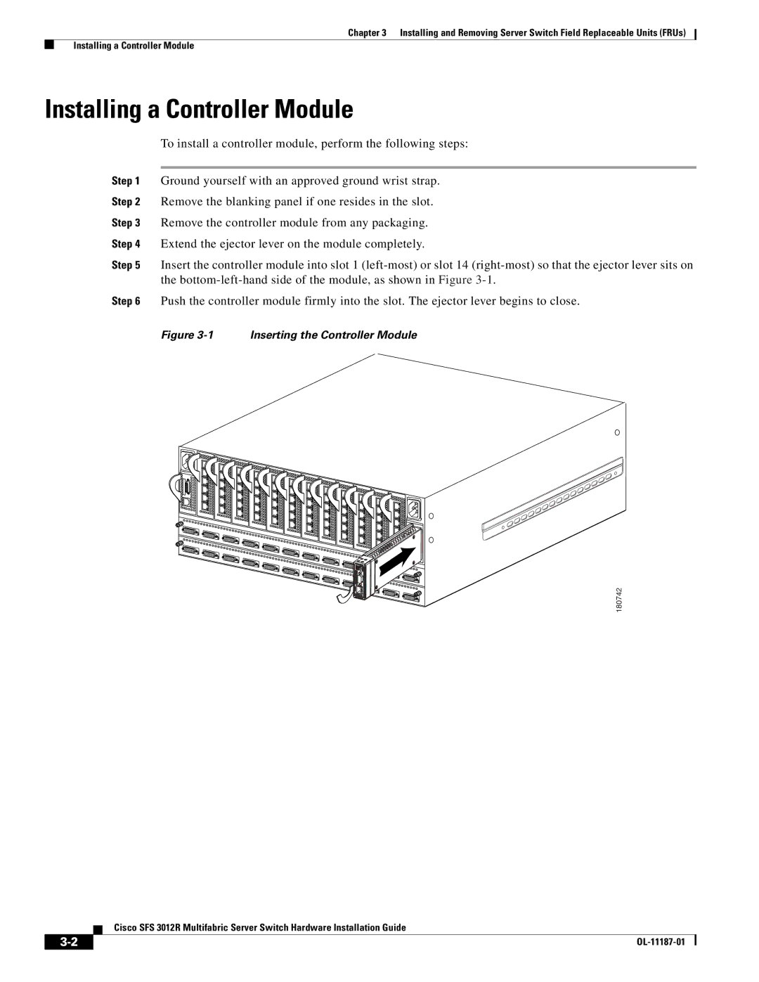 Cisco Systems SFS 3012R manual Installing a Controller Module, Inserting the Controller Module 