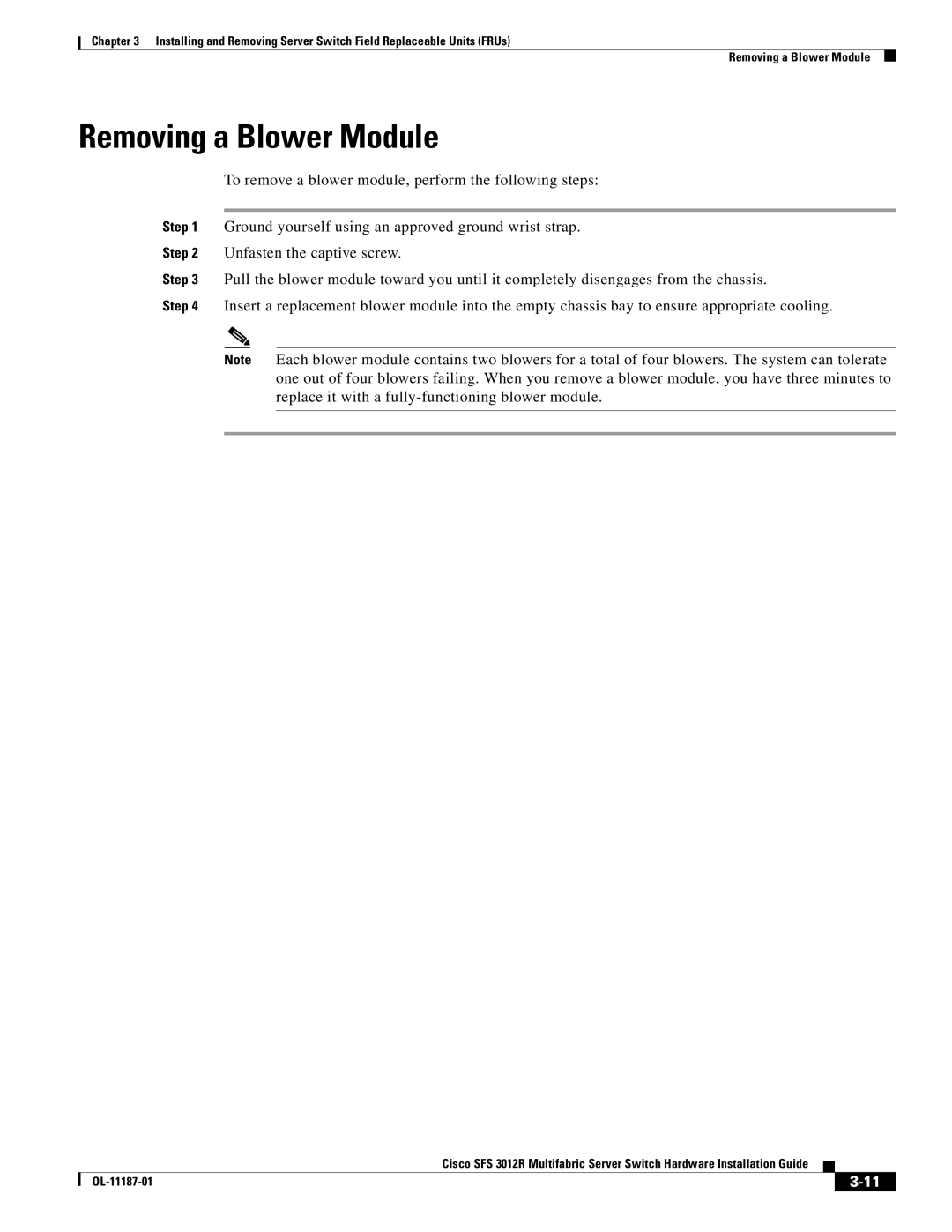 Cisco Systems SFS 3012R manual Removing a Blower Module 