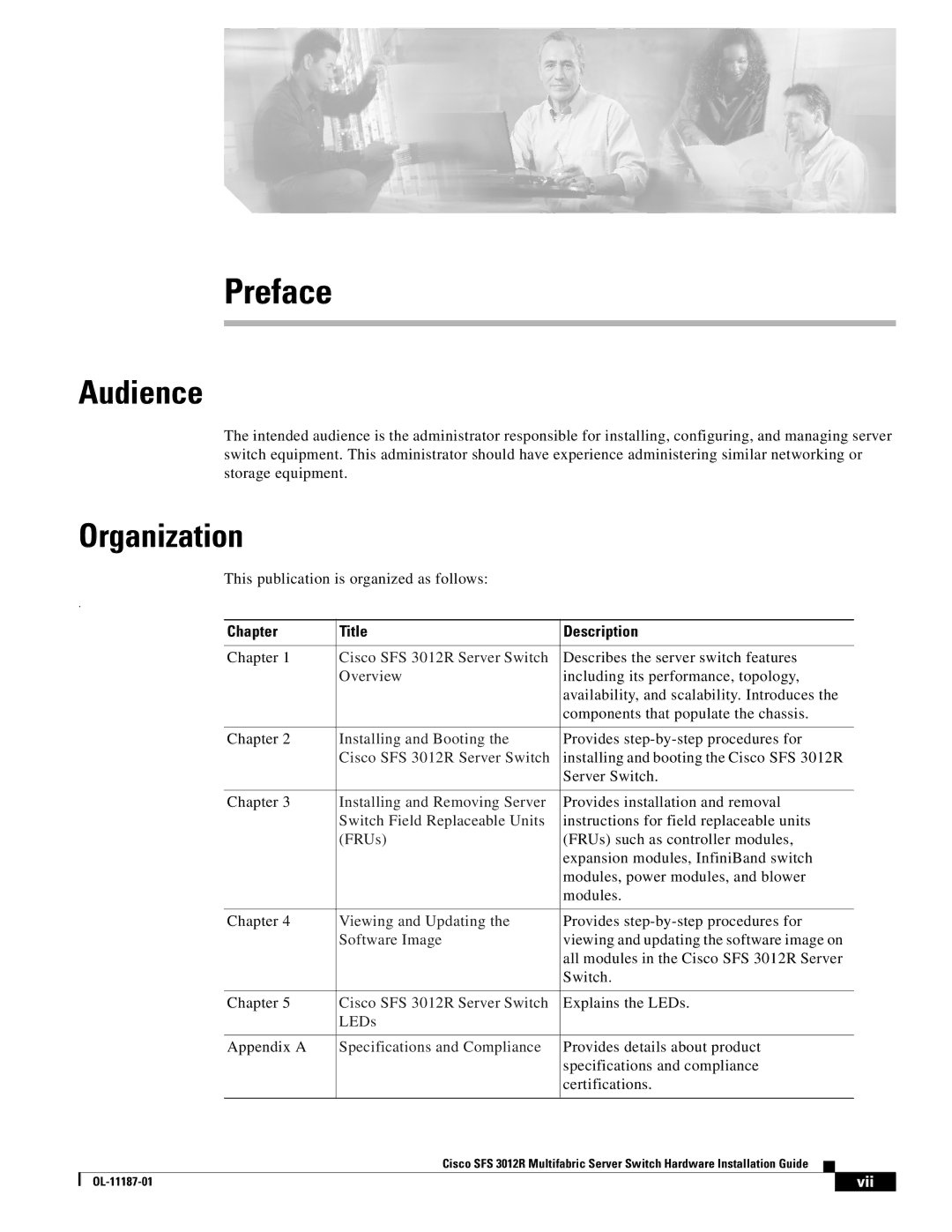 Cisco Systems SFS 3012R manual Audience, Organization, Chapter Title Description 