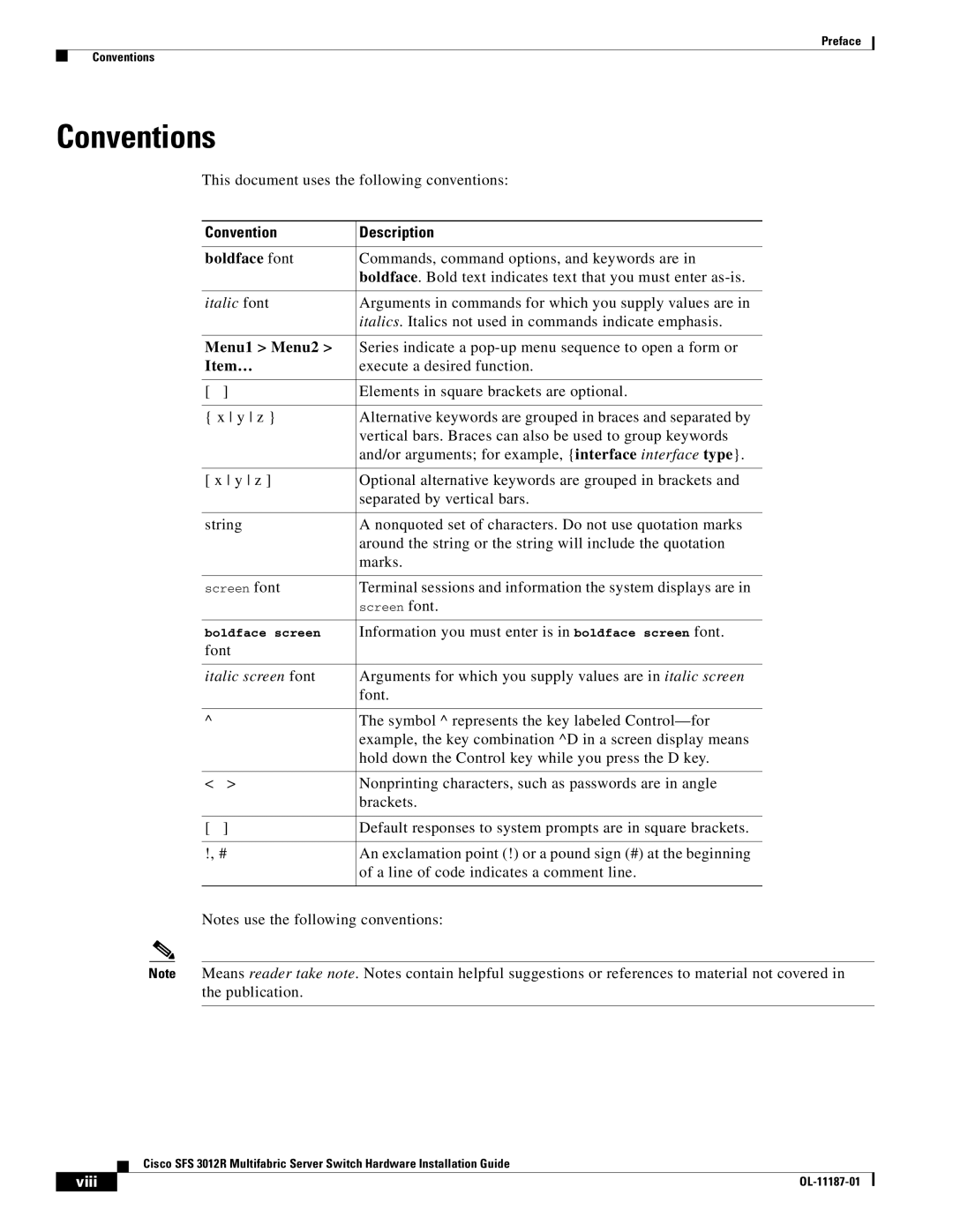 Cisco Systems SFS 3012R manual Conventions, Convention Description 