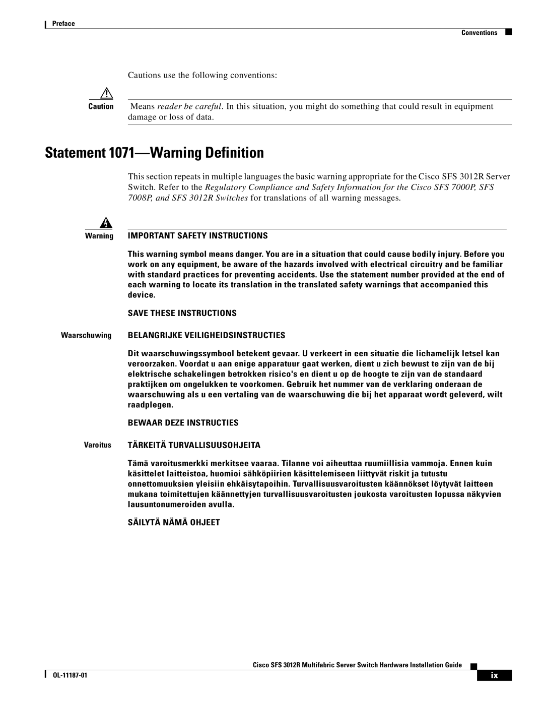 Cisco Systems SFS 3012R manual Statement 1071-Warning Definition, Bewaar Deze Instructies 