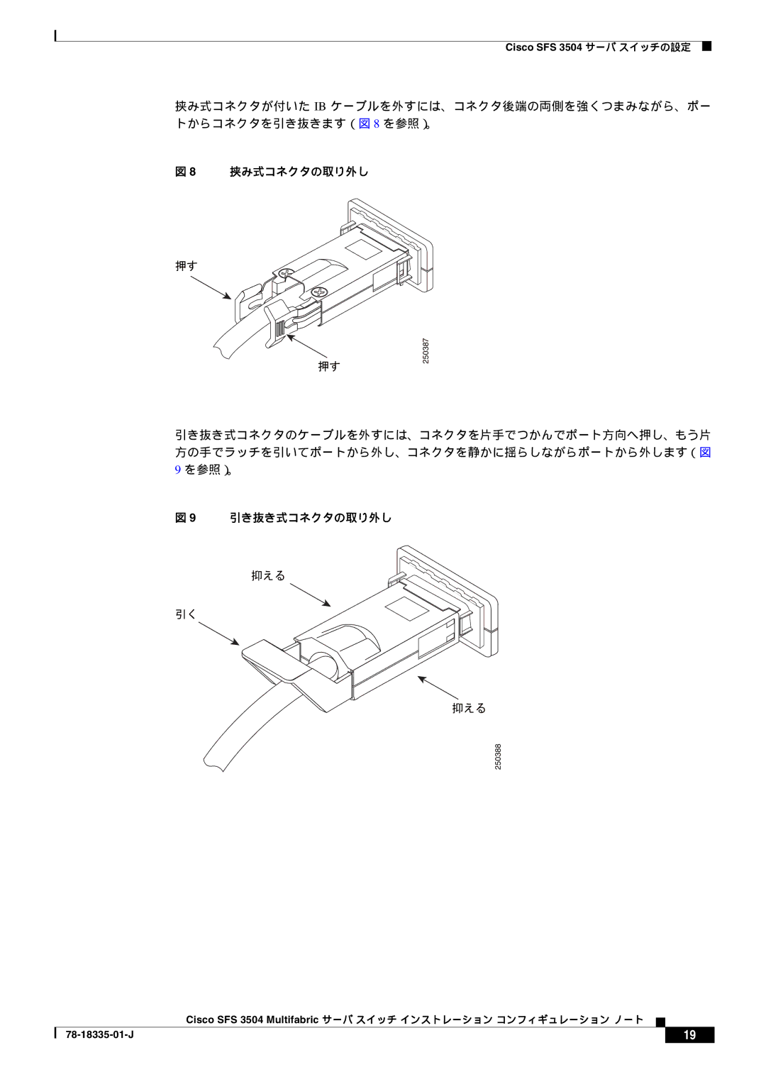 Cisco Systems SFS 3504 manual を参照）。, 挟み式コネクタの取り外し, 引き抜き式コネクタの取り外し 