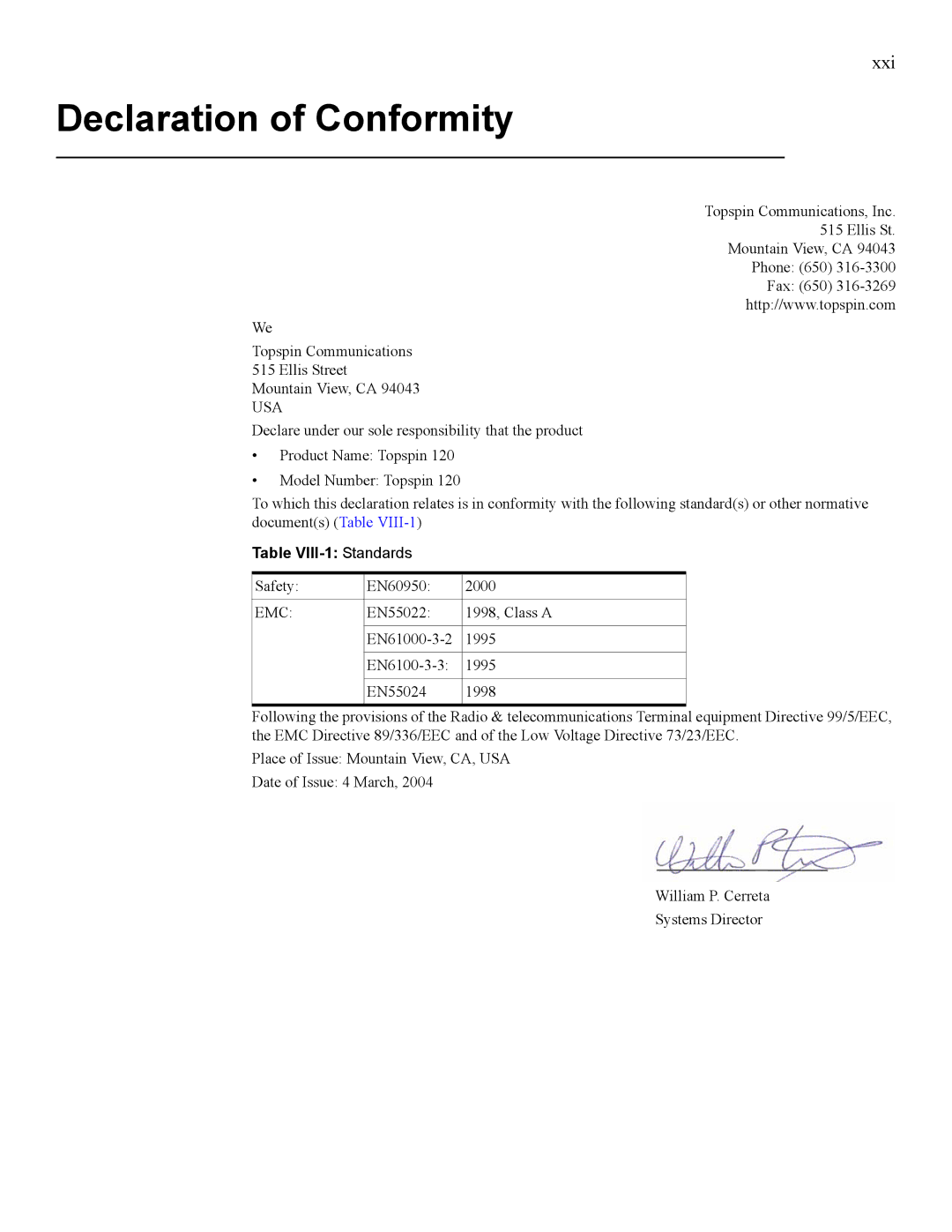 Cisco Systems SFS 7000 quick start Declaration of Conformity, Table VIII-1 Standards 