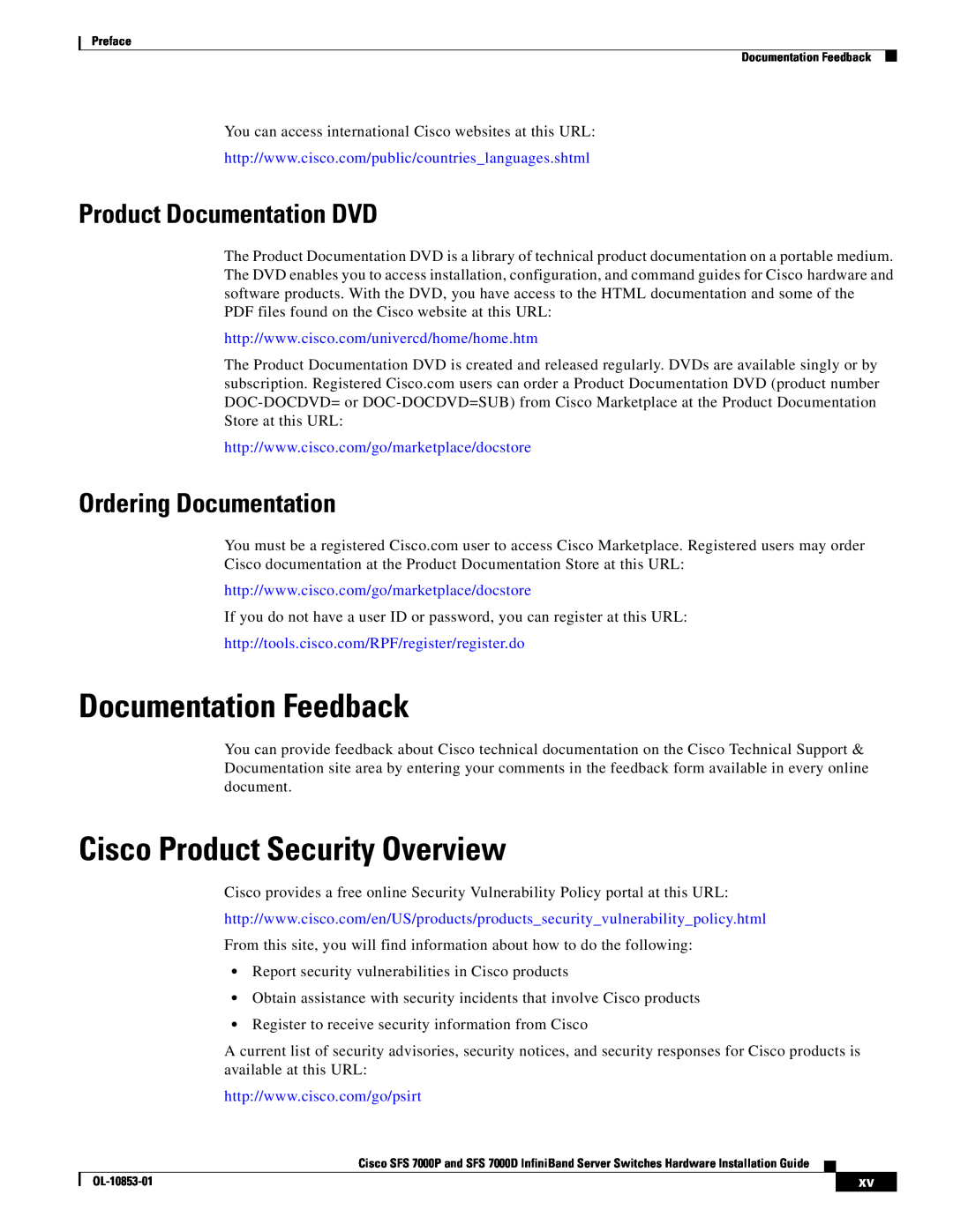 Cisco Systems SFS 7000D, SFS 7000P manual Documentation Feedback, Cisco Product Security Overview, Product Documentation DVD 
